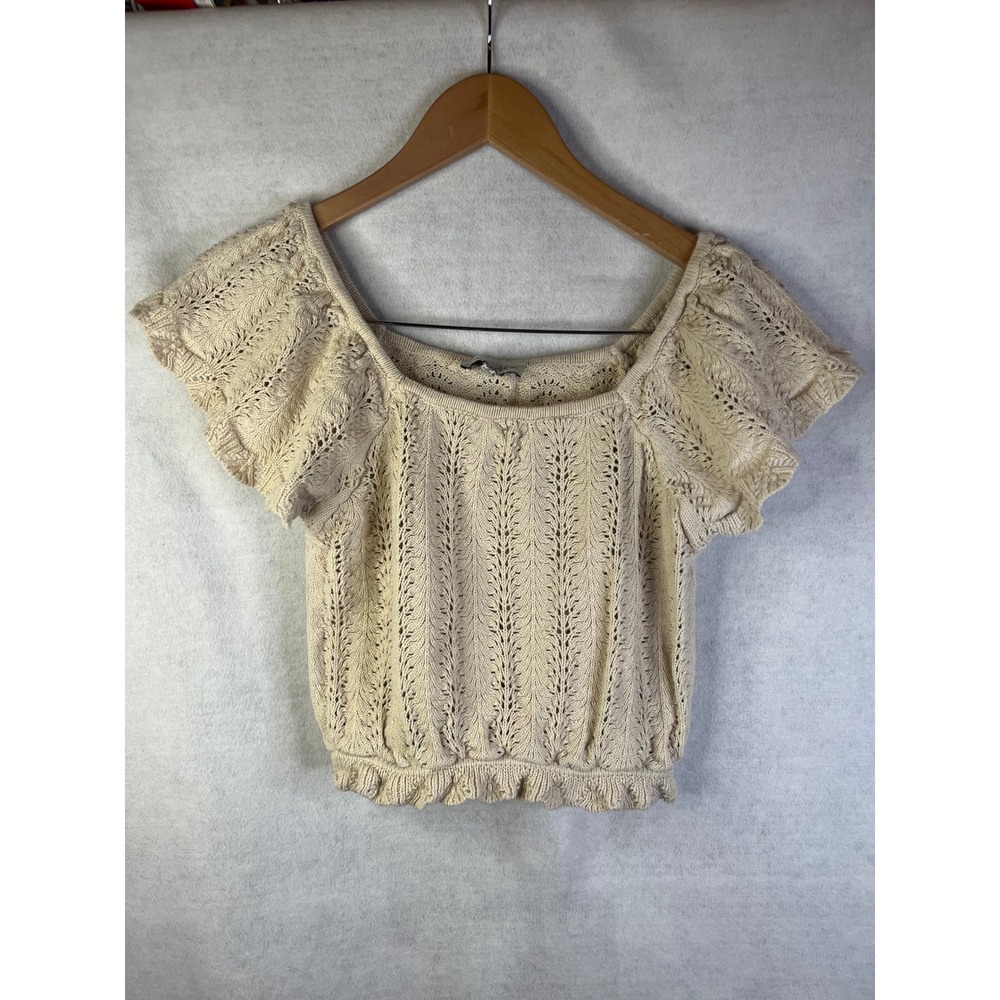 Freshman‎ 1996 L Knitted Beige Top Flutter Sleeve Bohemian Beach Feminine Summer
